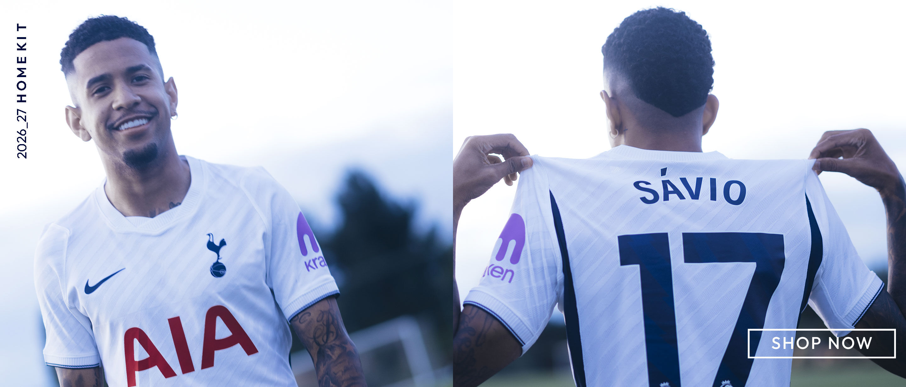 Tottenham Hotspur 2026/27 home kit displayed in a promotional shop banner.