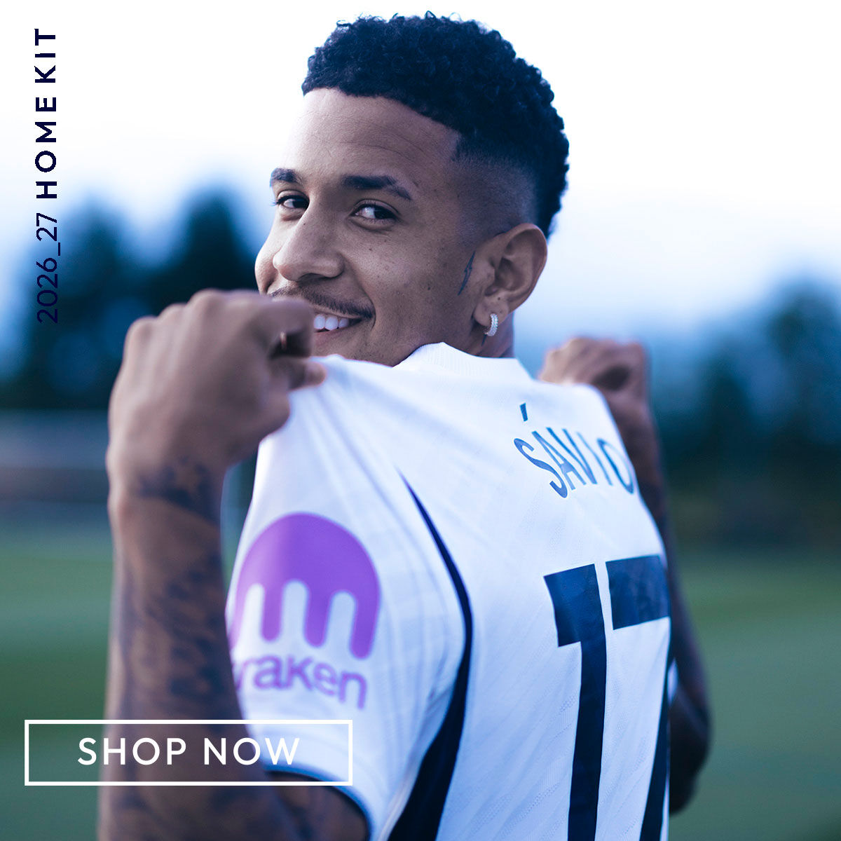 Tottenham Hotspur 2026/27 home kit displayed in a promotional shop banner.